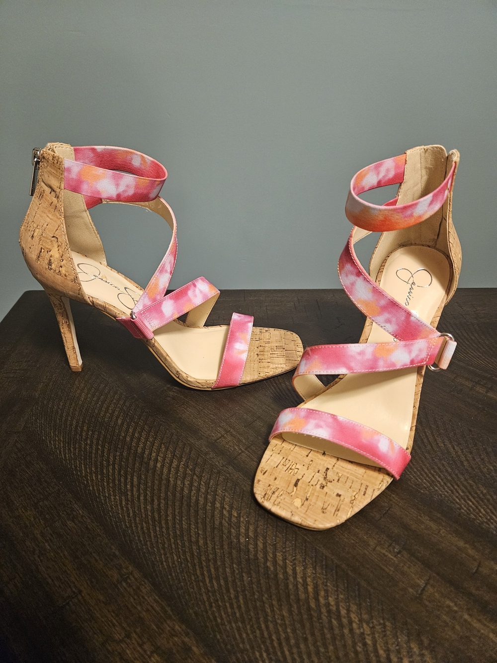 Jessica Simpson Pink Tie-Dye Cork Wrap Sandals